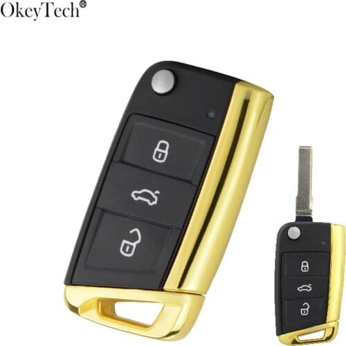 Okeytech New 3 Buttons Remote Flip Folding Car Key Cover Shell For VW Volkswagen Gollf 7 MK7 for Skoda Octavia A7 Gold Car Key