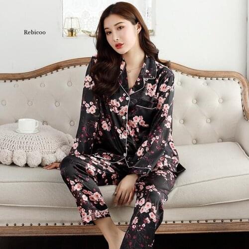 Autumn Women Pajamas Faux Silk Sleepwear Satin Pajamas Set Long Sleeves Flower Print 2 Piece Homewear Summer Pajama New