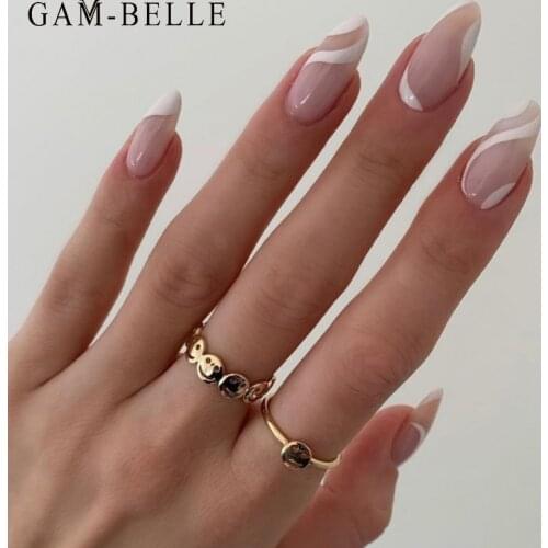 GAM-BELLE 24pcs/Set Detachable Long Oval Fake Nails Full Cover Impress Press On Nails White Wave Pattern DIY Nail Decoration