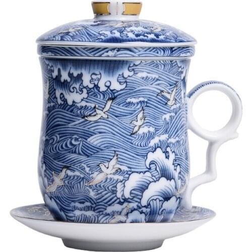 Silver Cup 999 Pure Silver Health Cup Blue And White Ceramic Water Cup Silver Gilded Personal Office Tea Cup With Cover Filter