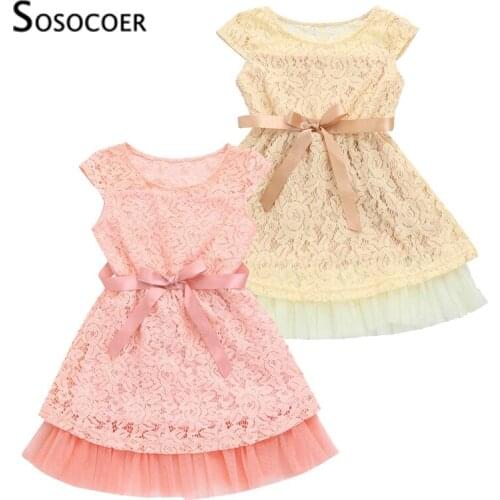 SOSOCOER Girls Party Dress New Summer Style Lace Baby Girl Clothes Pink Beige Hollow Kids Princess Dresses Children Costume