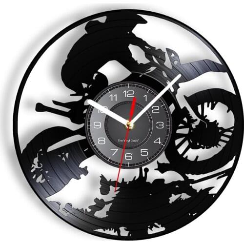 Dirt Bike Racing Sports Vinyl Record Shadow Art Wall Clock Motocross Rider Off Roading Home Decor Wall Watch Retro Timepieces
