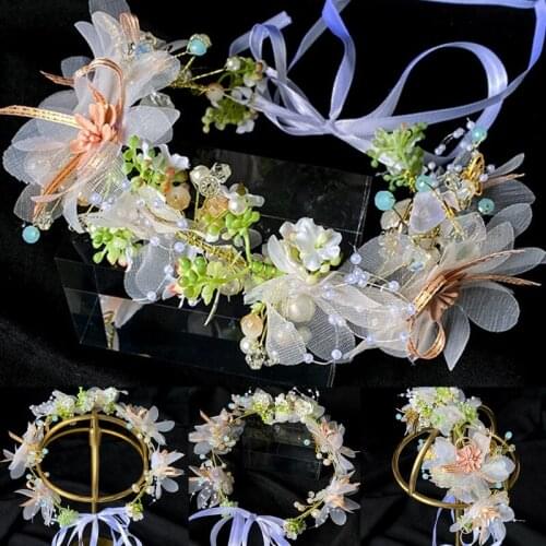 Bride Princess Artificial Flower Garland Head Crown with Adjustable Ribbon Wedding Holiday Hair Wreath Halo Tiara Headband