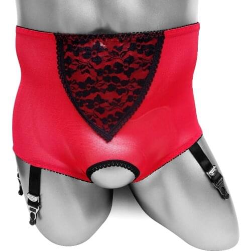 Crotchless Lace Sissy Panties with Stocking Suspenders Sexy Mens High Waist Boxers Underwear Sexy Lingerie for Crossdressers