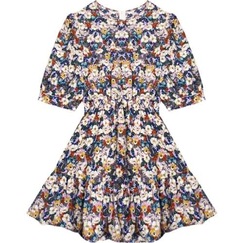 PERHAPS U Green Purple Flower Print A Line Elastic Waist Short Sleeve Mini O Neck Casual Dress Summer Beach Female Women D2617