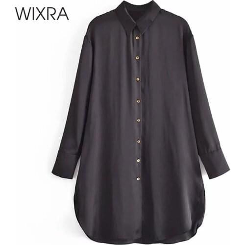 Wixra Women Satin Long Blouse Turn-Down Collar Basic OL Style Single Breasted Shirts Feminina Blusa Hot New Top