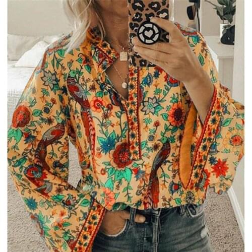 2020 Boho Blouse Peacock Floral Print Long Sleeve Shirt Casual V-neck Women Tops Summer Autumn Chic Blouses Female Plus Size 5XL
