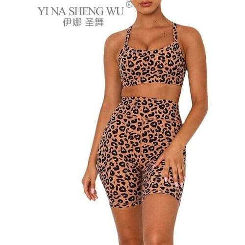 Women Seamless Leopard Printing Set Fitness Sport Bra Biker Shorts Gym Suit 2 Piece Workout Clothes Leopard Running Sports Wear