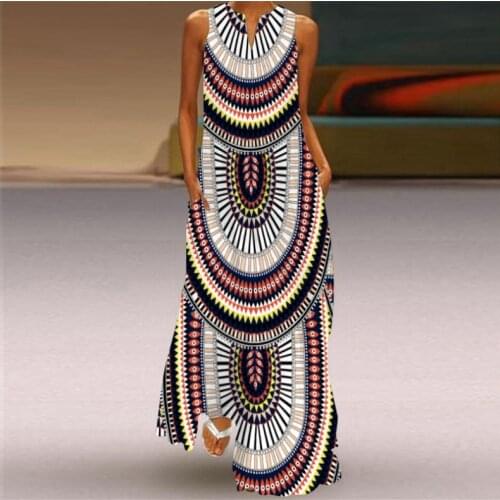 2021 Summer Womens Fashion Sexy Retro Print V-neck Sleeveless Long Dress with Pocket European Style Dress Plus Size Dresses 5XL