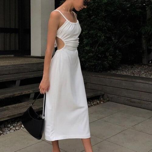 Artsu White Midi Backless Dress Women Hollow Out 2021 Summer Bandage Sexy Beach Spaghetti Strap Black Casual Dresses ASDR83004