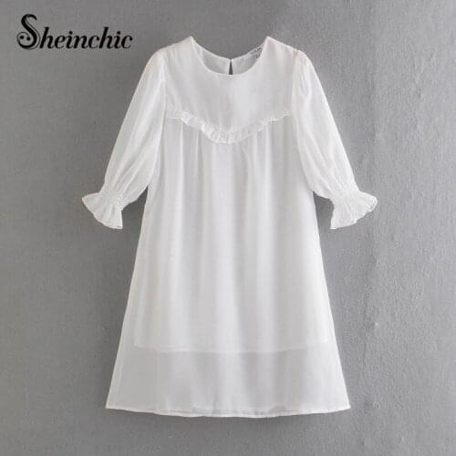 Elegant White Ruffles Chiffon Dresses for Women Summer 2021o-neck Puff Sleeve Loose Casual Dress Ropa Mujer