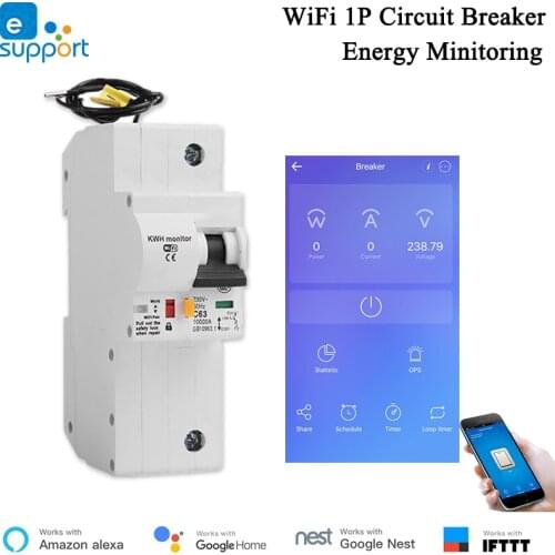 1P Energy Monitoring WiFi Circuit Breaker EWelink APP Wireless Control Smart MCB Work with Alexa Echo Google Assistant IFTTT