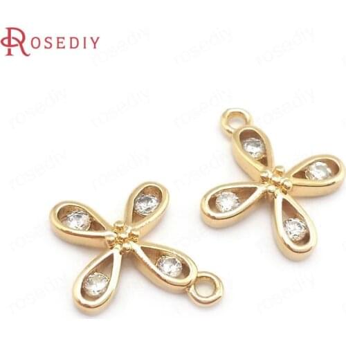 40207)20PCS 13x16MM 24K Champagne Gold Color Brass and Zircon Flower Charms Pendants Jewelry Making Supplies Diy Accessories