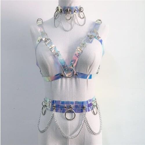 2019 Handmade Laser Waist Belt Goth Metal Chain Crop Top Punk Holographic PVC Choker Bra Top Harness Belt Outfits Matching Sets