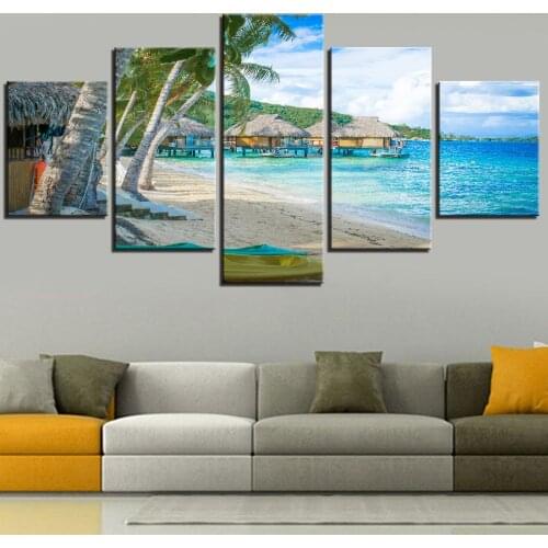 5 Pieces Sea Canvas Painting Beach And Trees Posters Landscape Wallpapers House Pictures For Home Room Decor Artwork Modern Wall