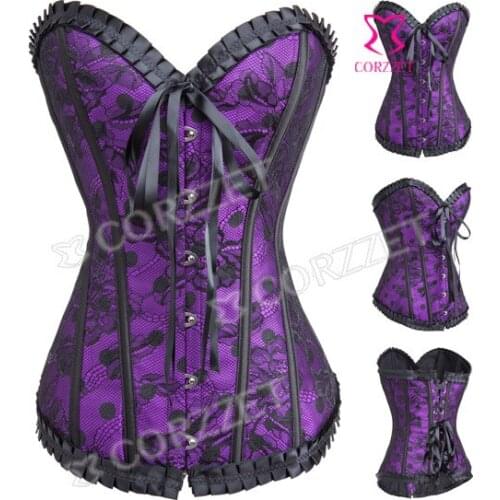 Hot Women Shapewear Sexy Corsage Basque Lace&Satin Purple Corset And Corselets Corselete Slimming Lace Up Overbust Bustier Top