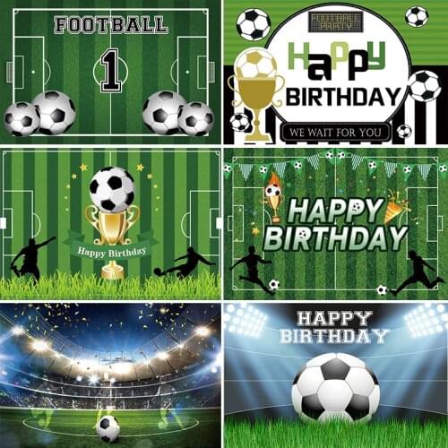 Laeacco Football Boy Gold Trophy Happy Birthday Party Green Stadium Poster Portrait Customized Photo Backdrops For Photography