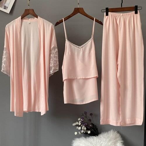 Lisacmvpnel 3 Pcs Set Ice Silk Women Pajamas Sling Cardigan Trousers Suit Pyjamas