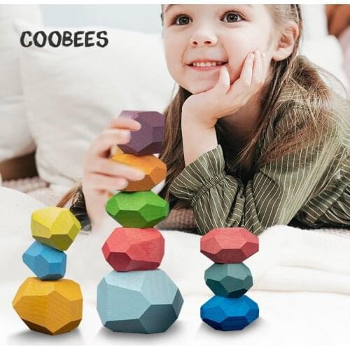 Educational Wooden Colored Stone Building Blocks Creative Nordic Style Stacking Game Rainbow Stone Toys for Children Kids