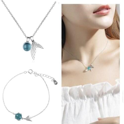 Top Quality Silver 925 Sterling Necklace Bracelets Women Jewelry Set Cute Fish Tail Pendant Girls Choker Necklaces Female Bijou