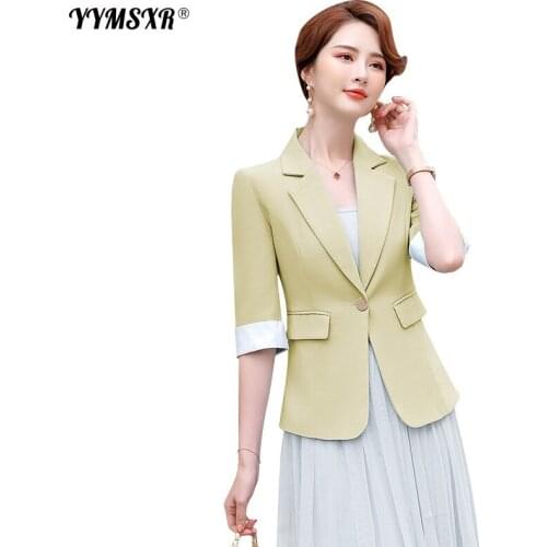 Womens Elegant Yellow Suit High Quality Summer Half-sleeved Short Ladies Jacket Blazer Office Business Wear Women