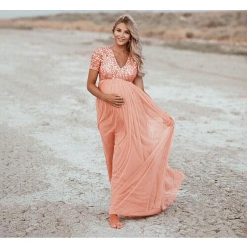 Maternity Dress Photography Props Elegant Mesh Sequins Dresses Pregnant Women Clothes Fancy Pregnancy Photo Prop Shoot Vestidos