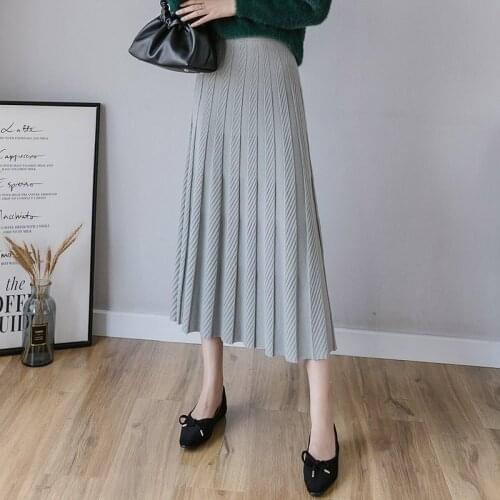Thick Warm Women Pleated Skirts Autumn Winter Elastic High Waist Knitted Sweater Skirts Long A Line Midi Black Skirt