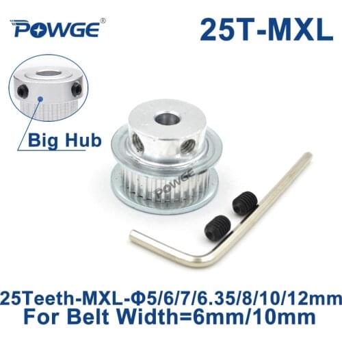 POWGE Inch 25 Teeth MXL Timing pulley Bore 5/6/6.35/7/8/10/12mm for width 6mm 10mm MXL synchronous Belt Gear wheel 25teeth 25T