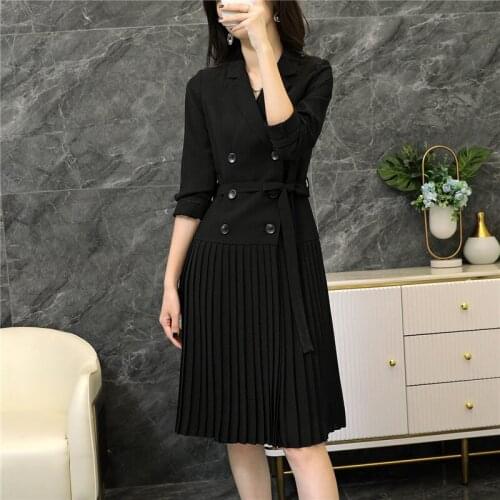 Sashes Blazer Dress Women Plus Size 4XL 5XL 2021Spring Autumn Double Breasted Long Sleeve Black Pleated Suit Windbreaker zh550