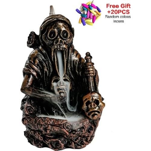 With 20Cones Free Gift Nordic Style Skull Figurine Backflow Incense Burner Sculpture Halloween Statue Zen Home Decor Censer