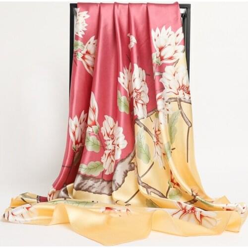 Silk Satin women Hair Scarf Fashion Contrast Print Silk Satin Foulard Kerchief Hand Bag Shawl Wrap Female Hijab Bandana 2021