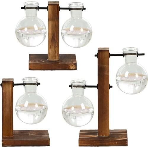 Glass Planter Bulb Vase Transparent Glass Wooden Frame Vase Desktop Plant Terrarium With Wood Stand