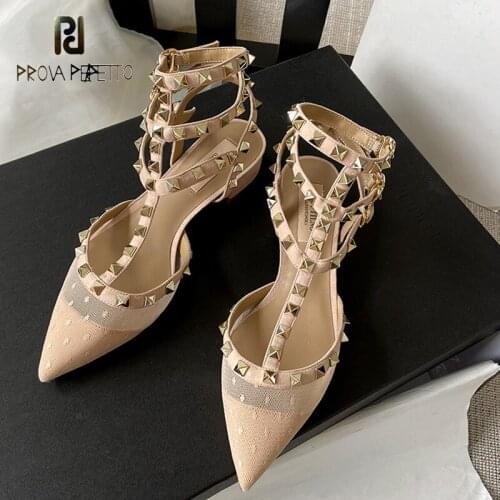 Rivet Pointed Toe Color Matching Shallow Mouth Mid-high Heels Stiletto Heel Autumn New Wild Fashion Lace Mesh Polka Dot Sandals