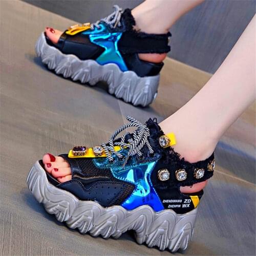 Womens Genuine Leather Gladiator Sandals High Heels Open Toe Fashion Sneakers Summer Boots Open Creepers Party Shoes