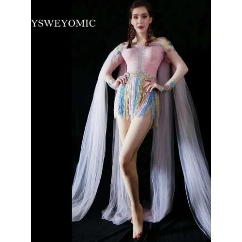 Colorful Fringe Rhinestones Jumpsuit Birthday Celebrate Tassel Bodysuit Stage Dance Leggings Women Singer Dancer Outfit