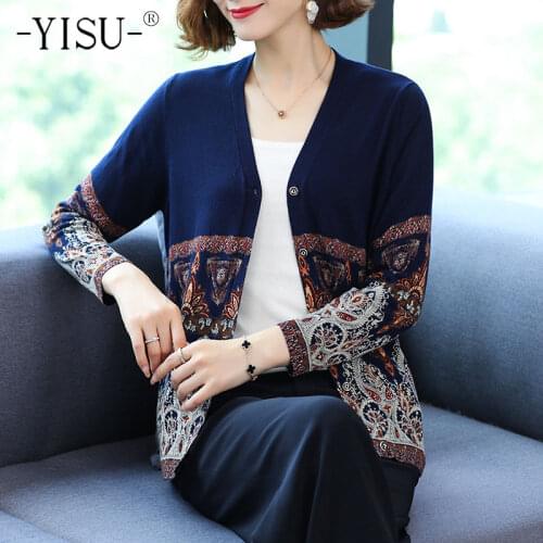 YISU Women Wool Cardigan V-Neck Cardigan Stitching Fashion Printing Long sleeve Sweater Single breasted Female Top Knitted Coats