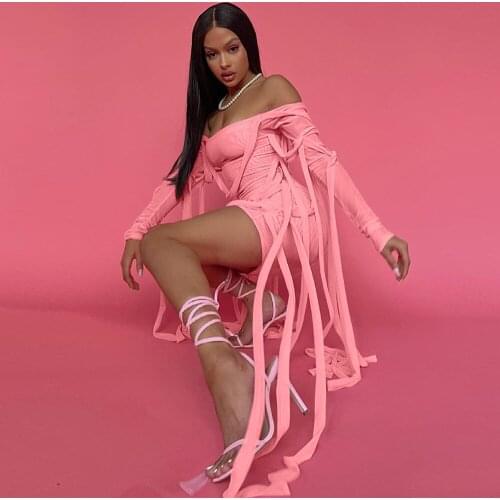 Ribbons Off Shoulder Solid Bandage Women Dress 2021 Summer Full Sleeve Skinny Party Dress Fashion Clubbwear Fashion Clothing