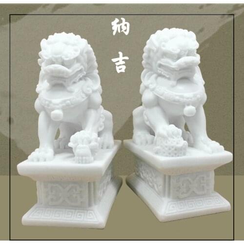 1pair chinese stone lion statue for home White Jade Stone hand carved 11cm*6.5cm*15cm free shipping