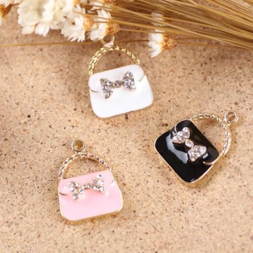 50PCS New Jewelry Metal Charms Gold Tone Plated Rhinestone Bow Decoration Diy Bracelet Charm Fashion Handbag Shape Alloy Pendant