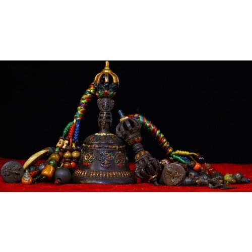 8"Tibet Temple Collection Old Bronze Engraved Tracing Old rattle Pendant amulet Bells Vajra set Town House Exorcism