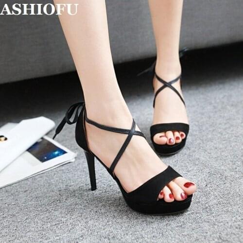 ASHIOFU Handmade Hot Sale Womens High Heels Sandals Cross Ankle Strap Summer Platform Shoes Party Prom Fashion Sandals Shoes