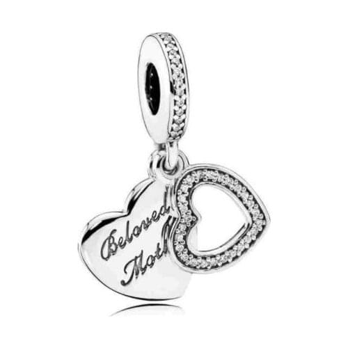 Genuine 925 Sterling Silver Charm Pave Double Heart Beloved Mother With Crystal Beads Fit Pan Bracelet & Necklace Jewelry