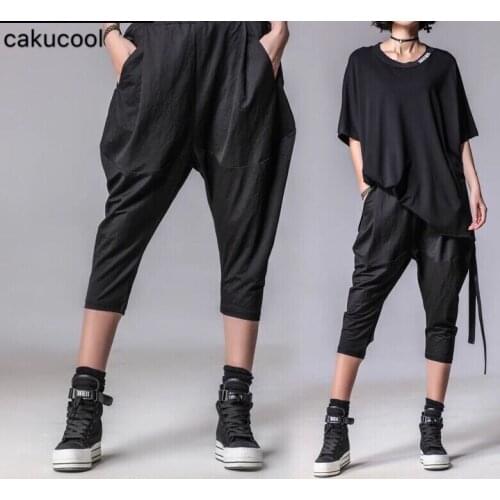 Cakucool European spring and summer new large size womens slim seven points harem pants elastic waist loose thin casual pants