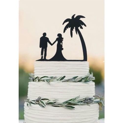 Black acrylic bride and groom wedding on the beach with coconut tree for beach theme wedding engaegement party decoration