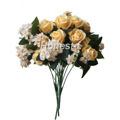 Artificial Multi-Coloured Rose Silk Flowers Bounquet Mixed Arrangement, Home Hotel Room Wedding Decoration(Yellow And White)