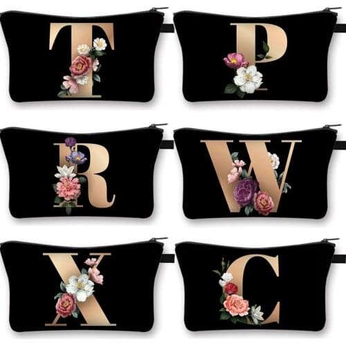 26 Initials Flower Cosmetic Bag A-Z Letter Makeup Bags Women Travel Bridesmaid Ladies Portable Girl Bridal Party Bag Gift