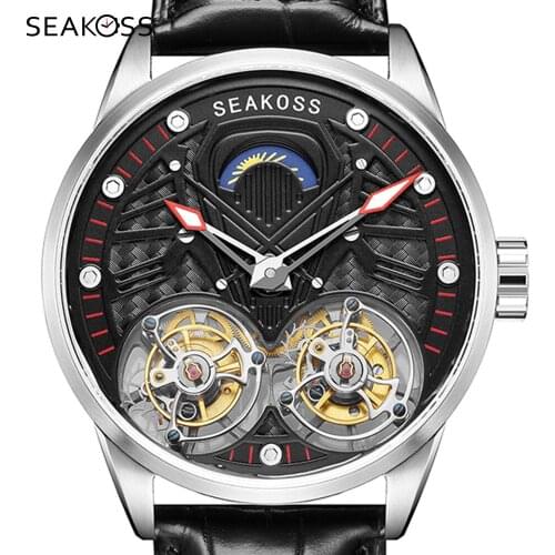 2021 Mens Dual Tourbillon Watch Ultra-thin 10mm Luminous Clock Sapphire Mechanical Wristwatches Skeleton Tourbillon SEAKOSS Men
