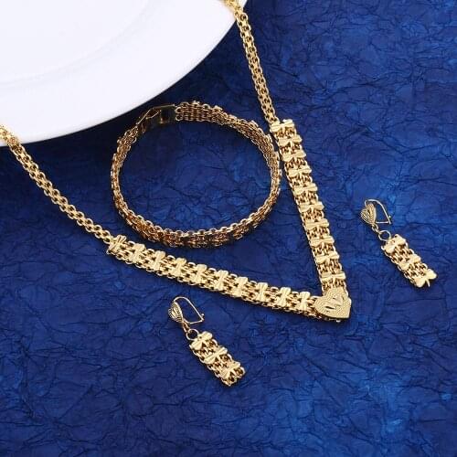 Gold Color Heart Pendant Necklaces Earrings Barcelet Trendy Women Wedding Jewelry Sets