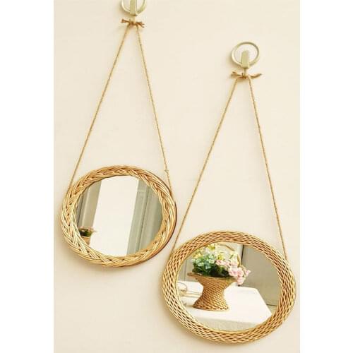 Rattan Wicker Frame Decorative Mirror Wall Hanger Mirror Cosmetic Mirror Unique Retro Pattern Trendy