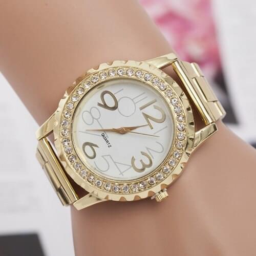 Popular Womens Mens Crystal Rhinestone Alloy Stainless Steel Analog Quartz Wrist Watch 5UYD